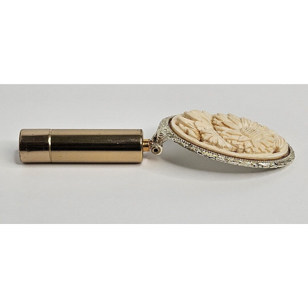 Vintage Lipstick Holder w/ Mirror Flowers Floral Gold Tone Oval - Picture 6 of 7